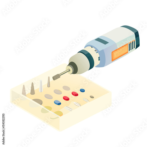Icon of versatile rotary tool with various bits in a storage tray 