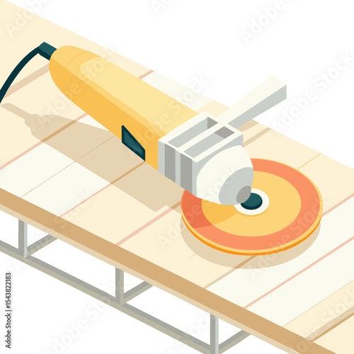 Icon of powerful angle grinder on wooden surface 