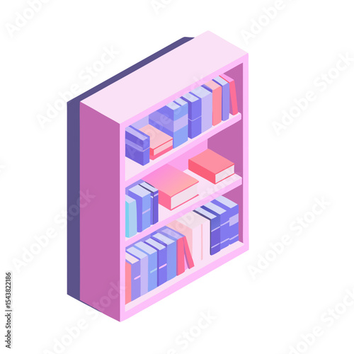 Icon of stylish bookcase with colorful books in pastel hues 