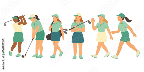 Flat Vector Set of Diverse Female Golfers – Women Playing Golf in Various Poses
