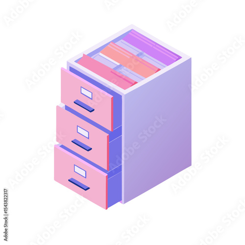 Isometric design icon of a filing cabinet with colorful drawers 