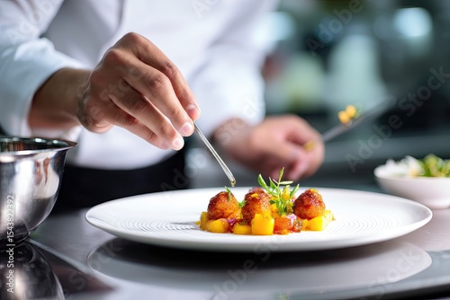 A stylish mango-focused gourmet dish being arranged by a chef in a high-end restaurant kitchen, artistic composition