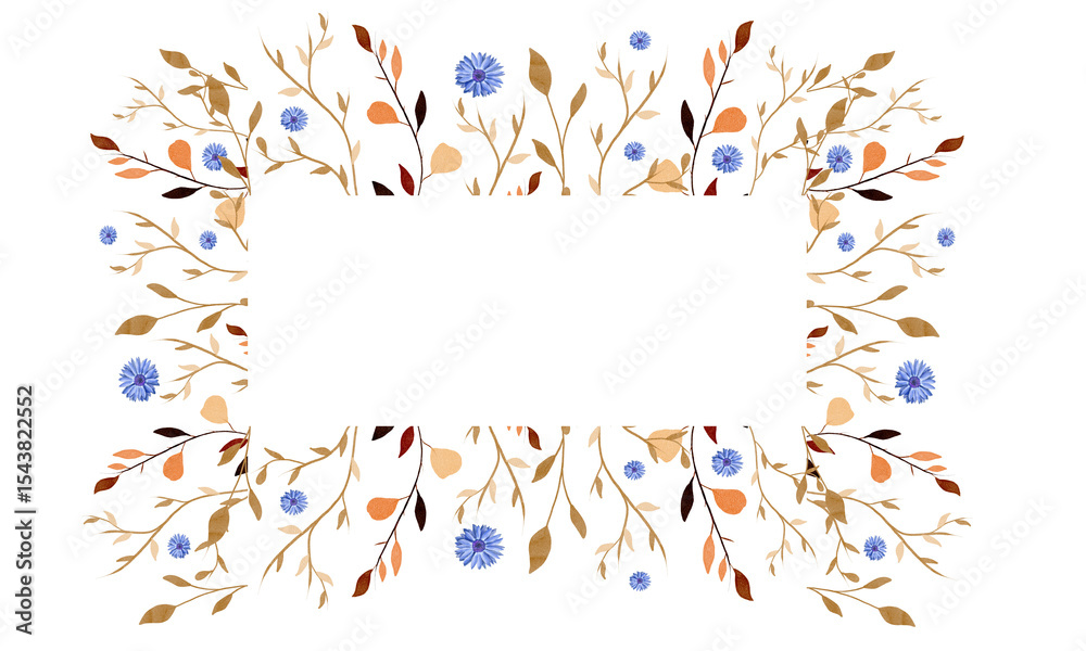 Obraz premium Watercolor composition of autumn leaves and blue flowers on white background. Stylish border with autumn plants and wildflowers for printing, web design. Hand drawn. Suitable for cards, invitations