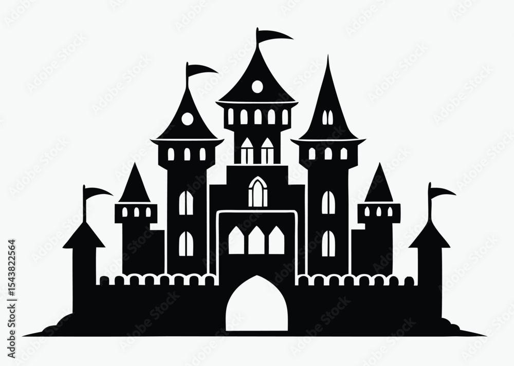 Obraz premium Castle silhouette vector, tall spired towers, gothic medieval style, black and white design