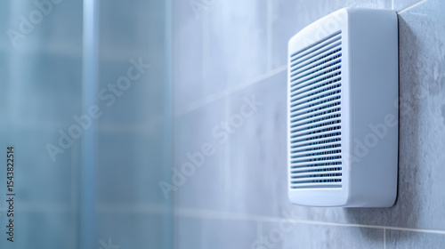Bathroom ventilation fan mounted tiled wall, showcasing clean and modern design. This essential fixture helps maintain air
