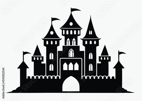 Castle silhouette vector, tall spired towers, gothic medieval style, black and white design