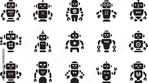 Robot Icon Set – Artificial Intelligence and Robotics Silhouette Vector Collection