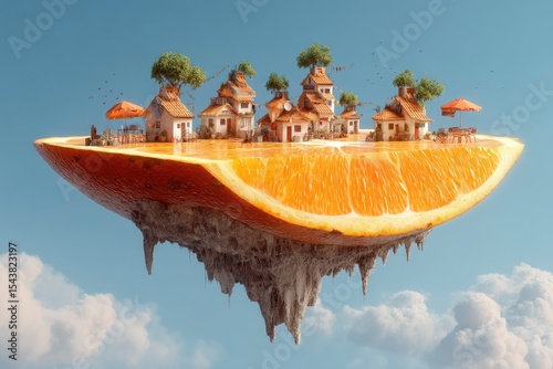 A surreal fantasy village with miniature homes built inside enormous mango slices floating in the sky