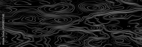 Abstract black and white topographic map illustration in vector style, showing contour lines, curves, and mountain ranges. Seamless pattern inspired by physical geography and terrain relief.