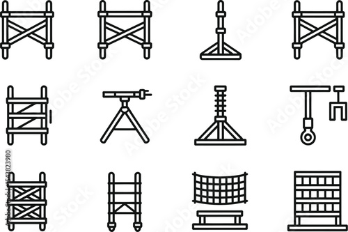 An illustration of scaffolding and construction equipment in line drawing