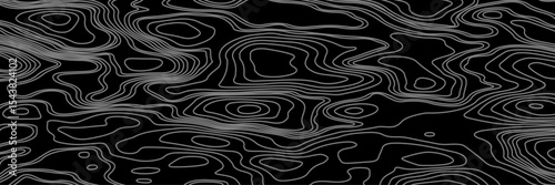 Abstract black and white topographic map illustration in vector style, showing contour lines, curves, and mountain ranges. Seamless pattern inspired by physical geography and terrain relief.