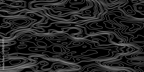 Abstract black and white topographic map illustration in vector style, showing contour lines, curves, and mountain ranges. Seamless pattern inspired by physical geography and terrain relief.