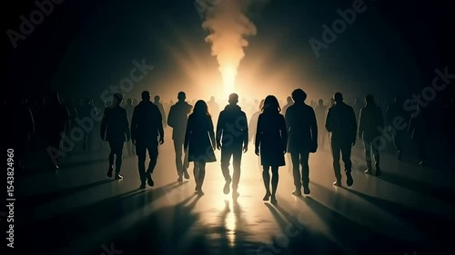 Silhouetted Crowd Walking Towards Bright Light Mysterious Foggy Night Urban Setting