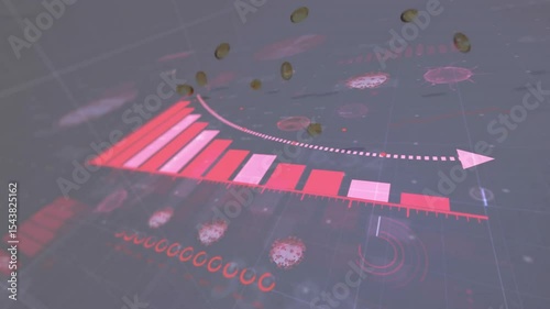 On grid bars emerging then dotted arrow tracing down trend while discs dropping showing data depth