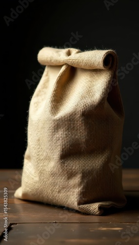 Aged burlap coffee sack on worn dark wood table, shadows accentuate texture , cafe image, food photography, table
