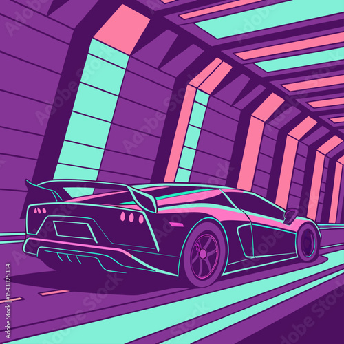 Futuristic Neon Supercar in Colorful Tunnel Illustration