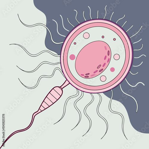 An ultra-detailed image of fertilization in progress, capturing a sperm cell entering a pink-tinged human egg under a microscope