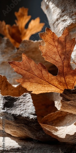 Dried Leaves on Textured Wood  Autumn Nature Still Life Photography