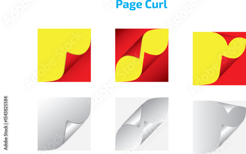 Page Curl Set Yellow and Red, White and Gray Curled Corner Designs for Graphics