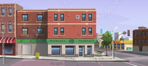 Cityscape, city block. Street with road, sidewalk and crossroad. Pharmacy facade with advertising sign, LED cross. Brick apartment buildings, store building, city infrastructure, vector cartoon.