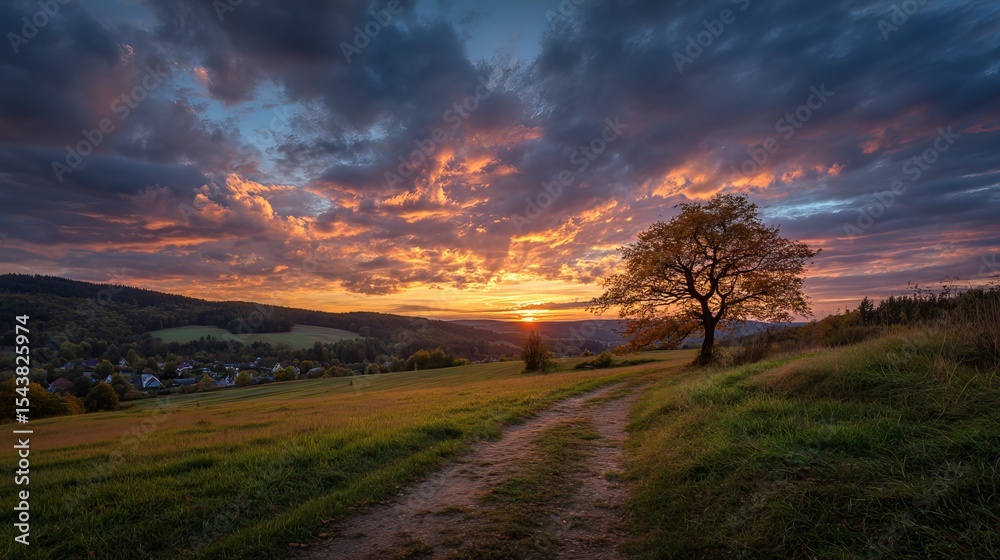 Peaceful sunrise over hammelburg countryside with golden morning light