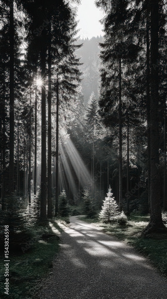 Fototapeta premium Sunbeams Through Forest Path Mystical Woods Nature Photography