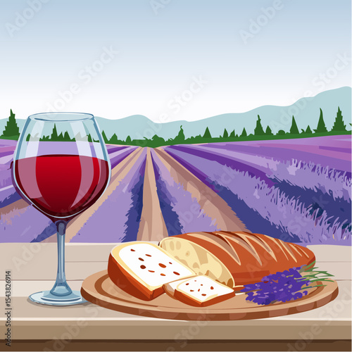 French cheese plate, fresh baguette and a glass of red wine on a wooden table, with lavender fields in background
