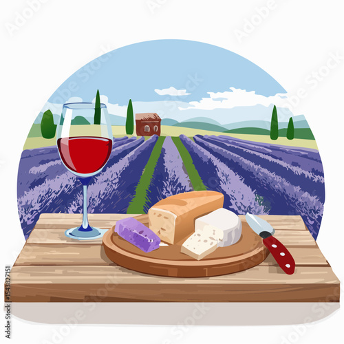 French cheese plate, fresh baguette and a glass of red wine on a wooden table, with lavender fields in background