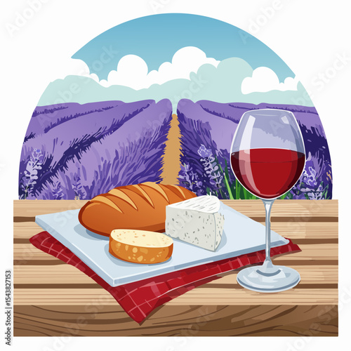 French cheese plate, fresh baguette and a glass of red wine on a wooden table, with lavender fields in background