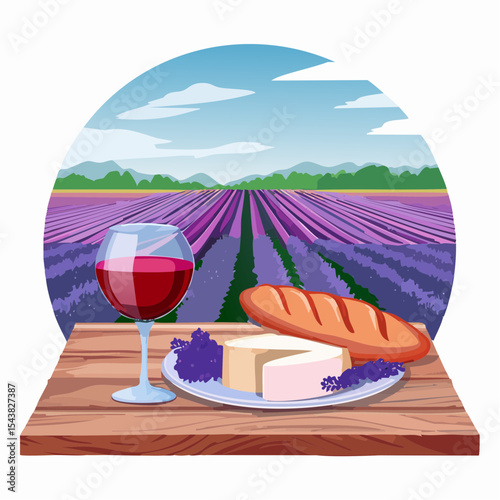 French cheese plate, fresh baguette and a glass of red wine on a wooden table, with lavender fields in background