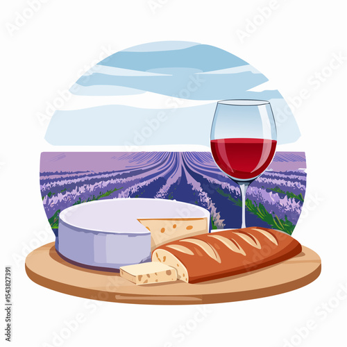French cheese plate, fresh baguette and a glass of red wine on a wooden table, with lavender fields in background