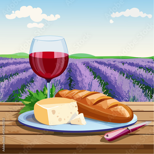 French cheese plate, fresh baguette and a glass of red wine on a wooden table, with lavender fields in background