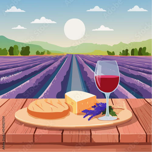 French cheese plate, fresh baguette and a glass of red wine on a wooden table, with lavender fields in background