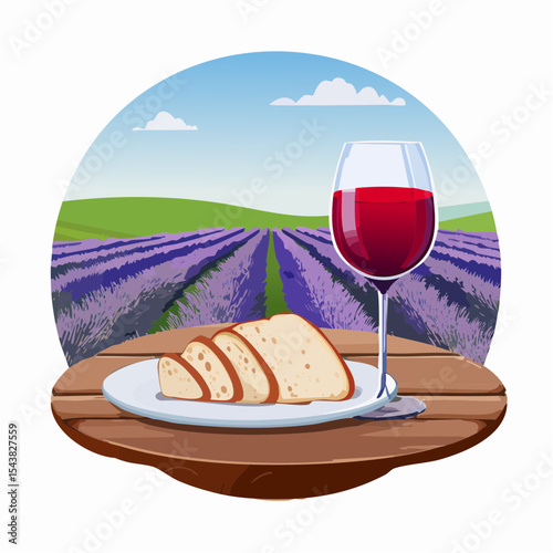 French cheese plate, fresh baguette and a glass of red wine on a wooden table, with lavender fields in background