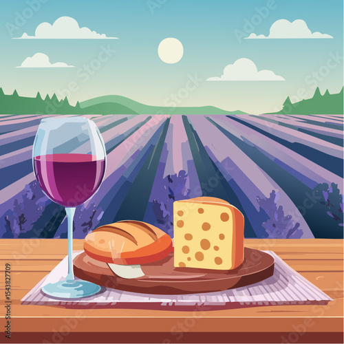 French cheese plate, fresh baguette and a glass of red wine on a wooden table, with lavender fields in background