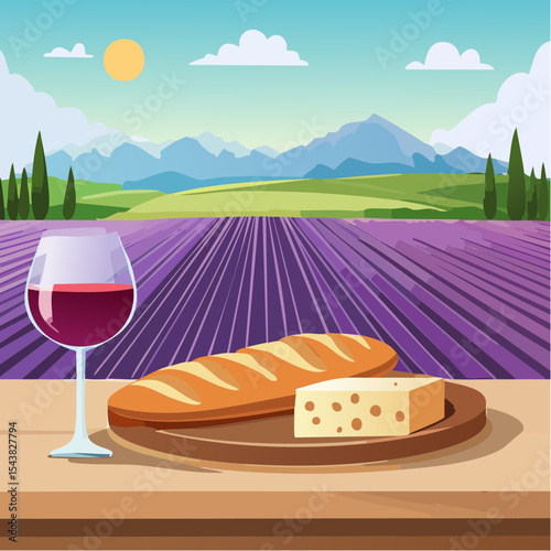 French cheese plate, fresh baguette and a glass of red wine on a wooden table, with lavender fields in background