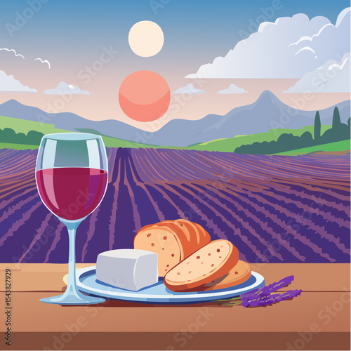 French cheese plate, fresh baguette and a glass of red wine on a wooden table, with lavender fields in background