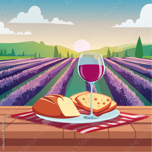 French cheese plate, fresh baguette and a glass of red wine on a wooden table, with lavender fields in background