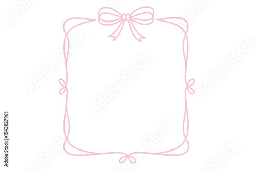 Trendy frame with bow and ribbons. Hand Drawn pink coquette borders for wedding invitation. Whimsical frames for birthday card, menu design and holiday graphic decoration. Minimalist girly line art