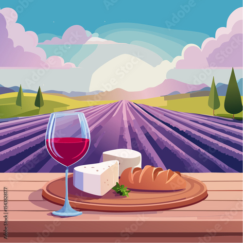 French cheese plate, fresh baguette and a glass of red wine on a wooden table, with lavender fields in background