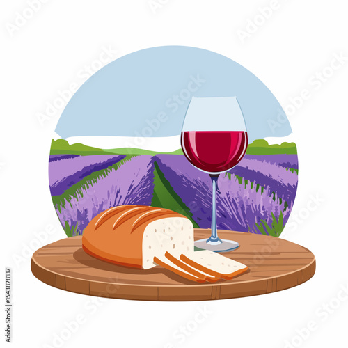 French cheese plate, fresh baguette and a glass of red wine on a wooden table, with lavender fields in background