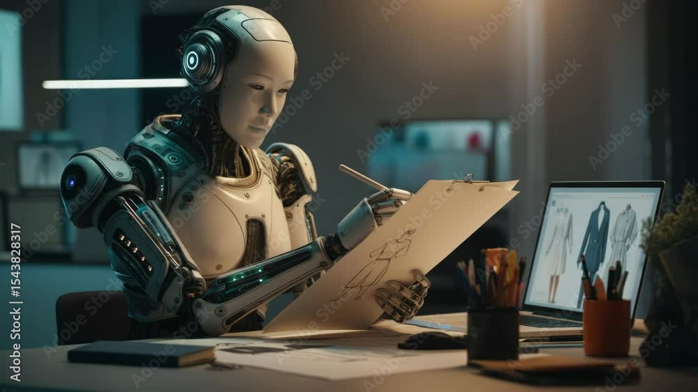 Futuristic robot artist sketching designs in modern workspace