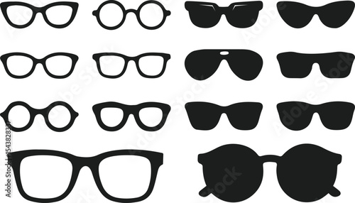 Sunglass silhouette, Sunglass icon set, Sunglass line art drawing in vector format, summer items, isolated on a transparent background