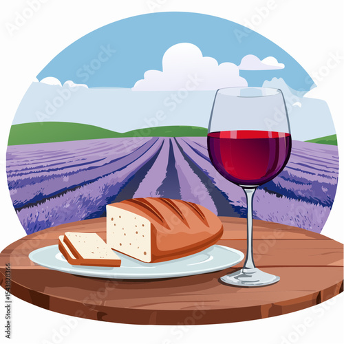French cheese plate, fresh baguette and a glass of red wine on a wooden table, with lavender fields in background
