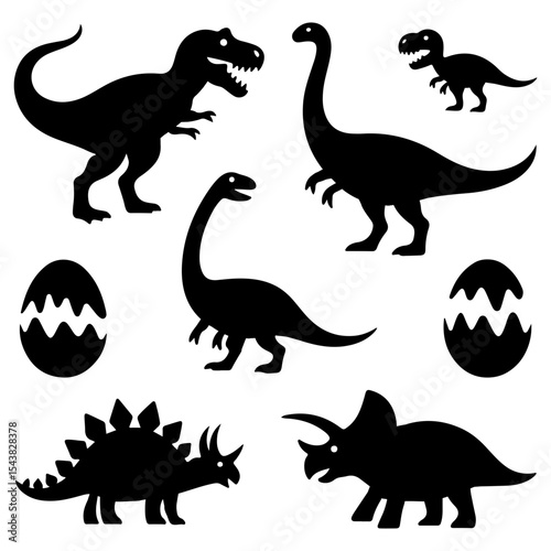 Silhouette of various dinosaurs and dinosaur eggs