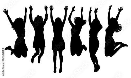 Silhouette of women jumping with arms raised up high