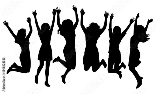 Silhouette of women jumping with arms raised up high