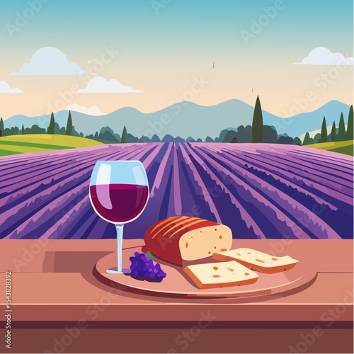 French cheese plate, fresh baguette and a glass of red wine on a wooden table, with lavender fields in background
