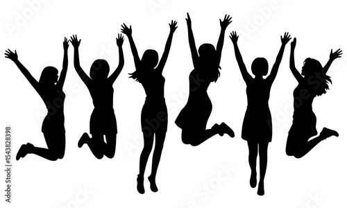 Silhouette of women jumping with arms raised up high