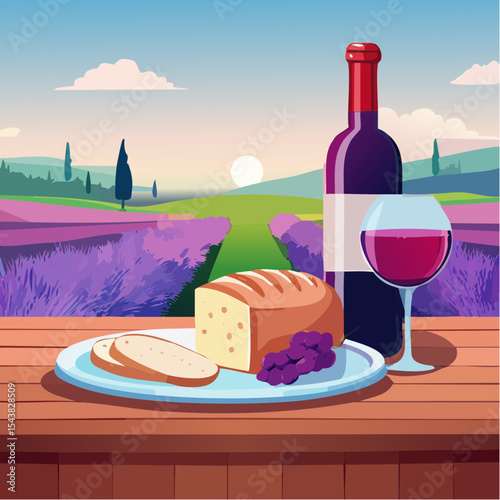 French cheese plate, fresh baguette and a glass of red wine on a wooden table, with lavender fields in background